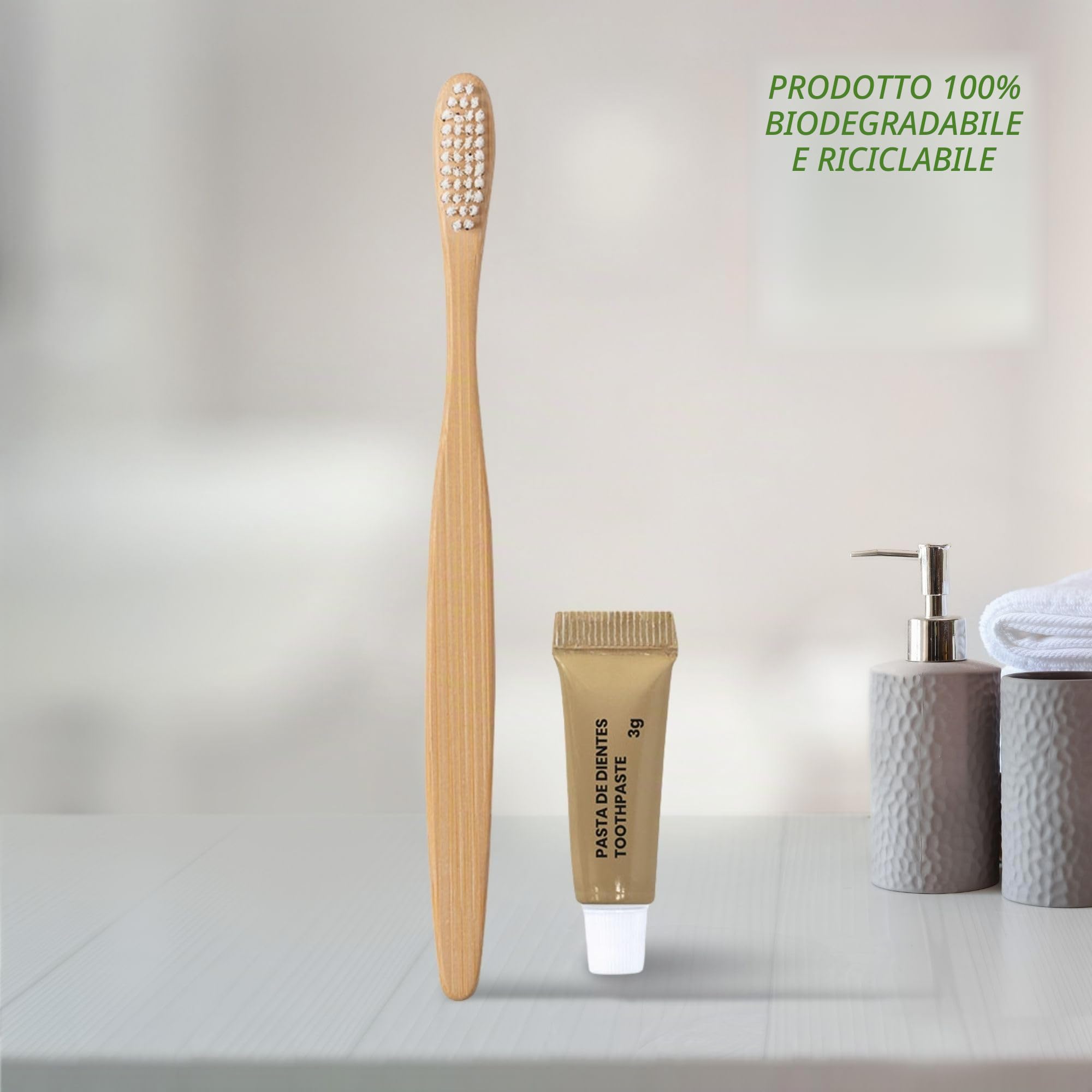 Confezione da 50 set dentali con spazzolino da denti in bambù e dentifricio da 3 g - manico naturale - astuccio singolo riciclato - set dentale ecologico per alberghi, cliniche e alloggi
