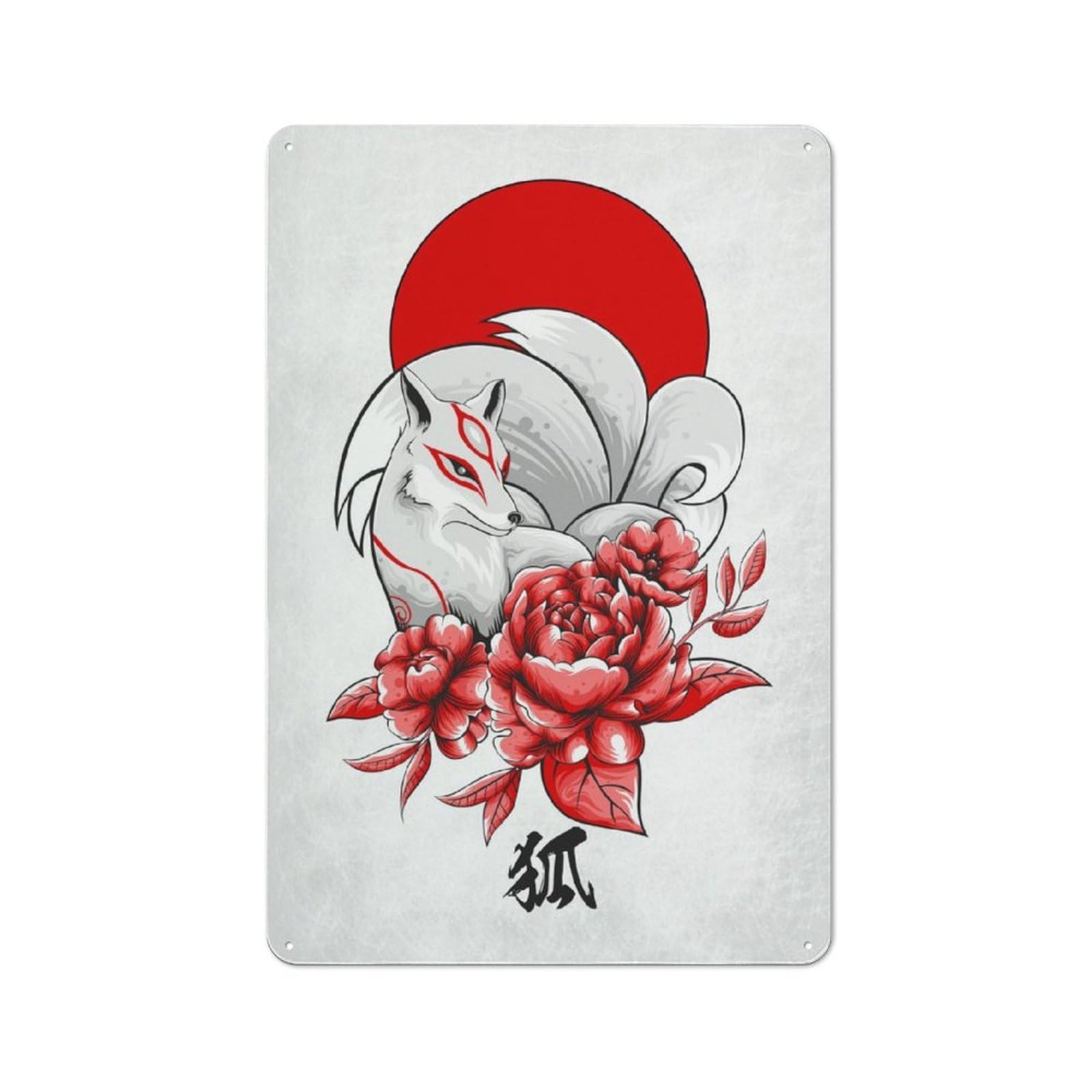 Junmoney Kitsune Japanese Fox Printed Metal Sign 30X20cm For Home Bar Wall, With Clear Vintage Wall Decor Character