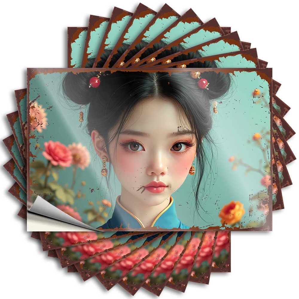 Floral Elegance: A Portrait of Traditional Beauty Fun Stuff Optical Illusion - Decals Door Waterproof Decal(8X12CM)
