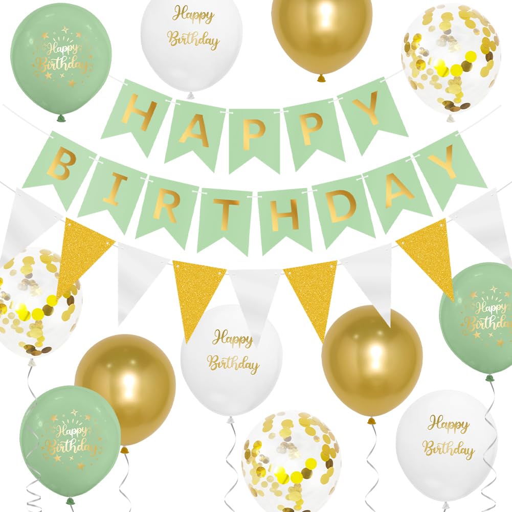Happy Birthday Banner for Girls Women Birthday Party Decorations Sage Green Birthday Decorations for Women Girls with 16pcs Thick 12 Inch Sage Green Birthday Party Balloons by Wonsta