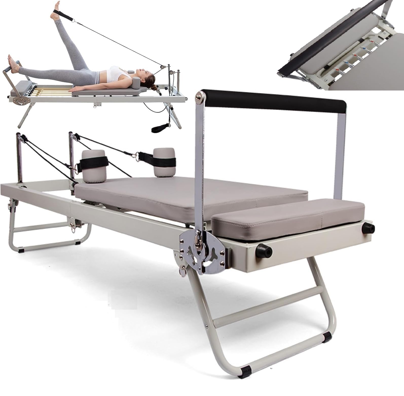 Reformador de pilates plegable con accesorios reformadores – Tabla de salto, correa de pie, caja reformadora, 10 resortes – Capacidad de peso de hasta 440 libras