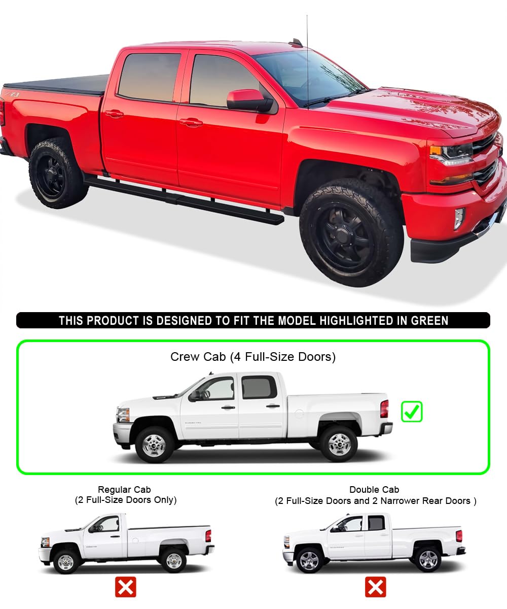 APS 5in Wheel-to-Wheel Black Nerf Bars Stainless Steel Compatible with Silverado Sierra Crew Cab 5.5ft Bed 07-18