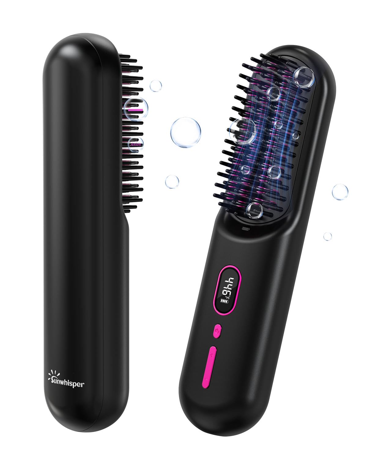 Portable Cordless Hair Straightener Brush with 200 Million Anion for Fine Hair, Portable Cordless Straightener Brush for Travel with LCD Display, 2 Clips, Black