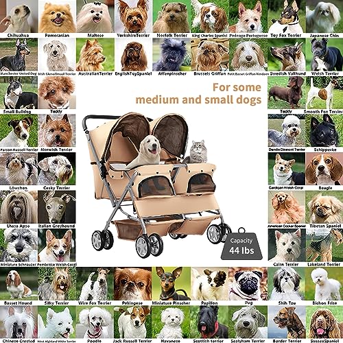 Joyfultails Hundewagen, Doppel-Haustier-Kinderwagen, faltbarer Kinderwagen für 2 Hunde und Katzen, Zweisitzer-Tragetasche, Twin Dog Walk Jogger, Reise-Haustierwagen mit Stauraum, Beige