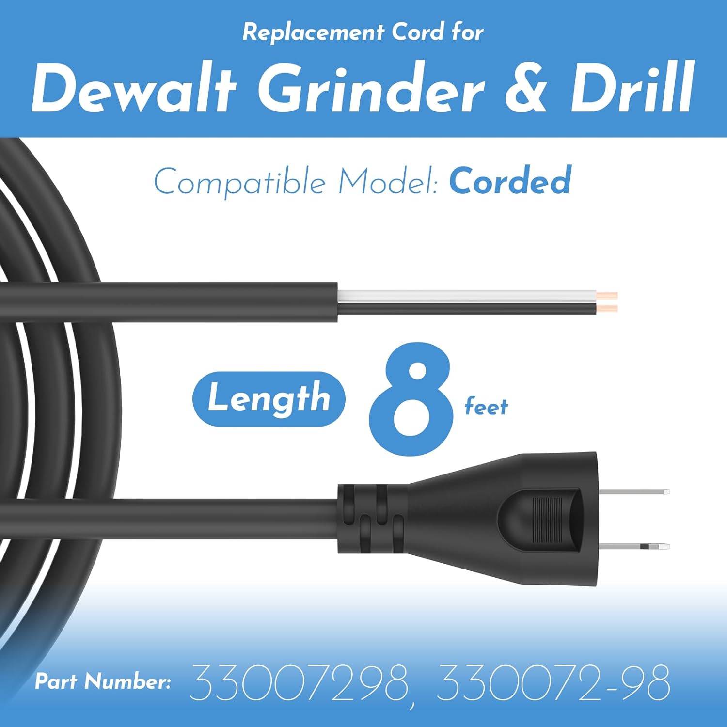 ANTOBLE 33007298 18 Gauge 2 Wire Power Cord Replacement Cord for DEWALT DW100 DW101 DW102 DW103 DW130 DW236 DW400 DW505 (8 ft)