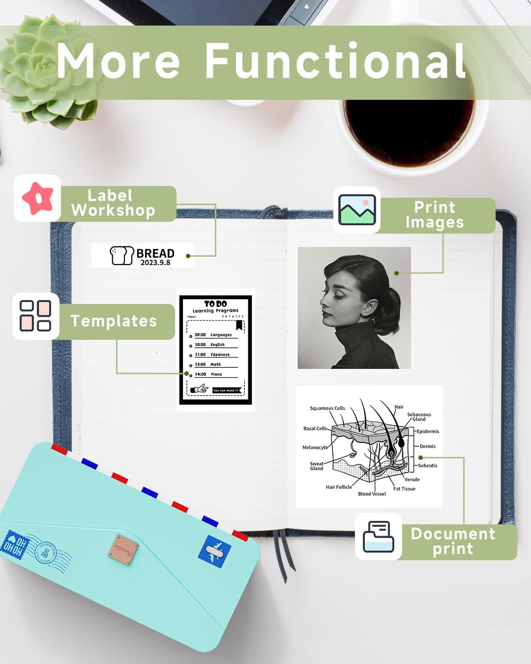 Phomemo M04AS printer with examples of printed content including labels, images, templates, and documents