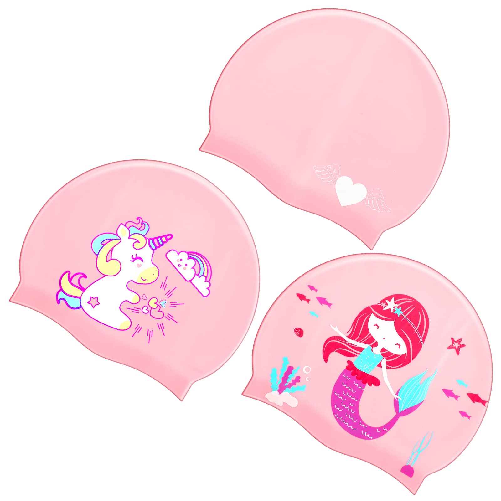 3 Pieces Kids Swim Caps Toddlers Swimming Caps Silicone Swim Cap for Boys Girls (Age 4-12) Baby Waterproof Cartoon Bathing Hats for Long and Short Hair