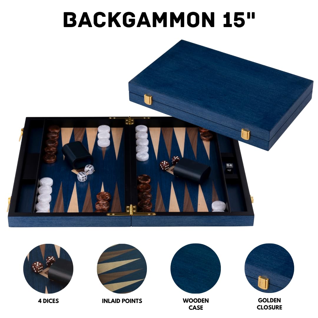 Engelhart-250554, Backgammon Wooden 15 Inch (38 cm) Luxury Burl Wood Case Walnut Inlay, Open 48 × 38 cm, Brown/White Pieces - Image 2
