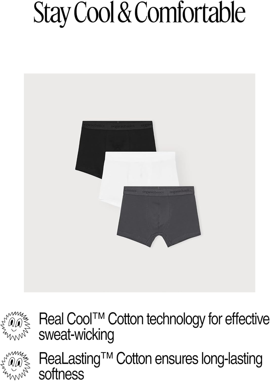 Organic Basics Men's Core 3" Organic Cotton Boxer Trunk Underwear 3-Pack, White/Slate/Black, X-Large - Image 5