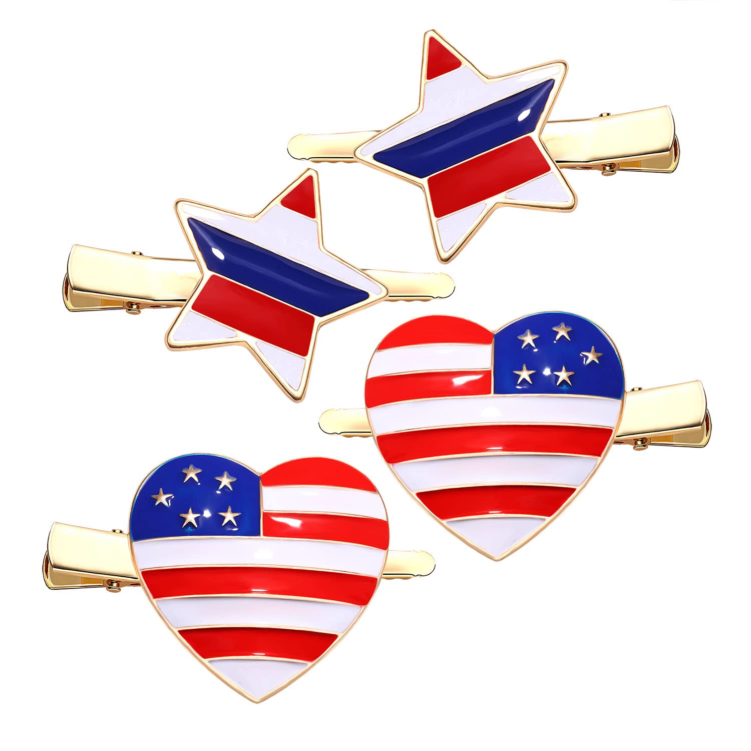 4th of July Hair Clips Patriotic Red White Blue Star Heart Hairpin for Women Girls Sparkly Rhinestone Enamel American Flag Metal Alligator Barrettes Festive Hair Accessories