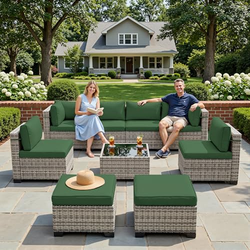 Image of Outdoor PE Wicker Rattan Modular Patio Sectional Sofa Set | 9-Piece: 6 Modular Seats, Coffee Table & 2 Ottomans, Dark Green