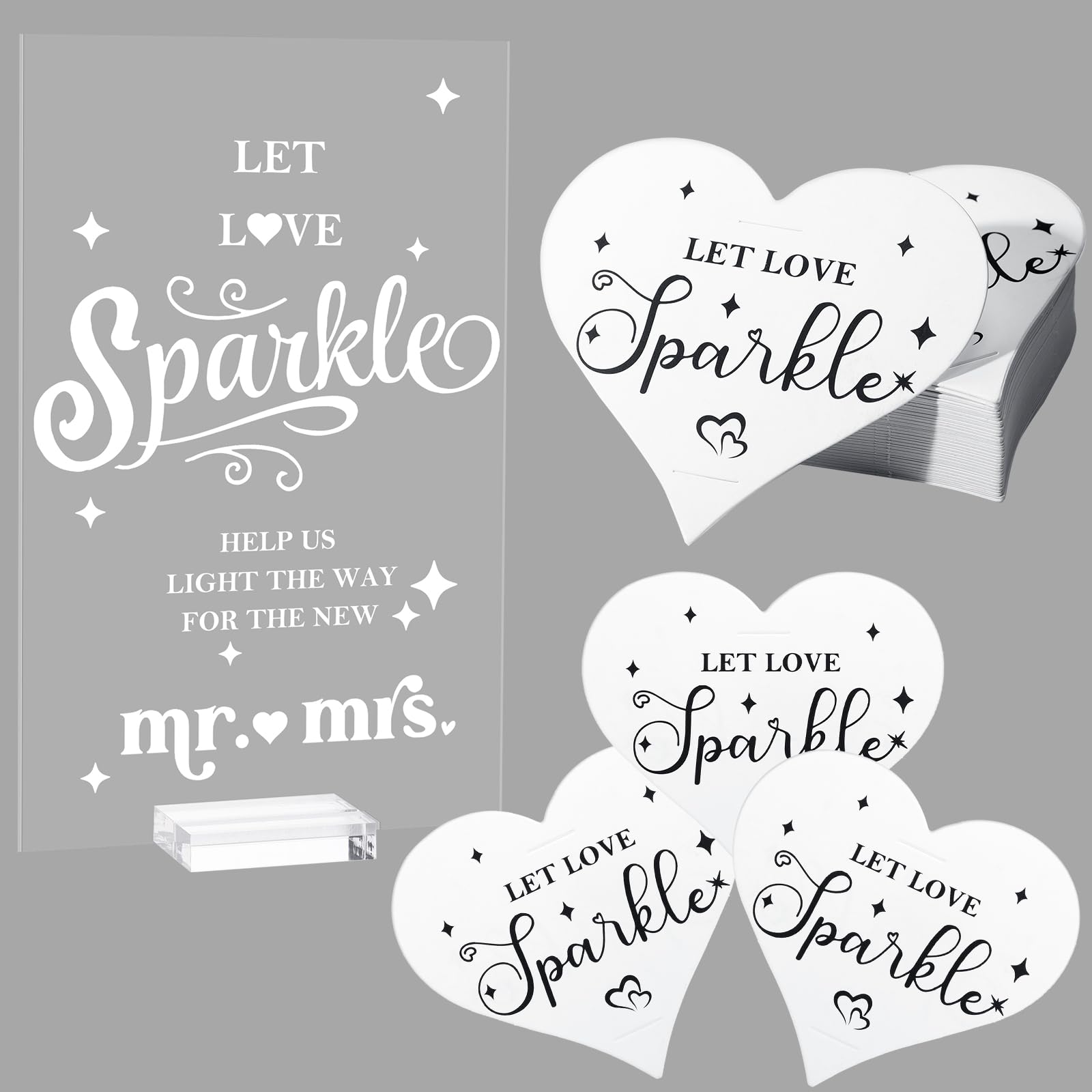 100 Pcs Wedding Tags Let Love Wedding Send Off Tags Heart Shape Cards and Acrylic Send Off Sign Clear Table Signs with Base for Weddings Anniversary Parties Engagement, No Sparkler