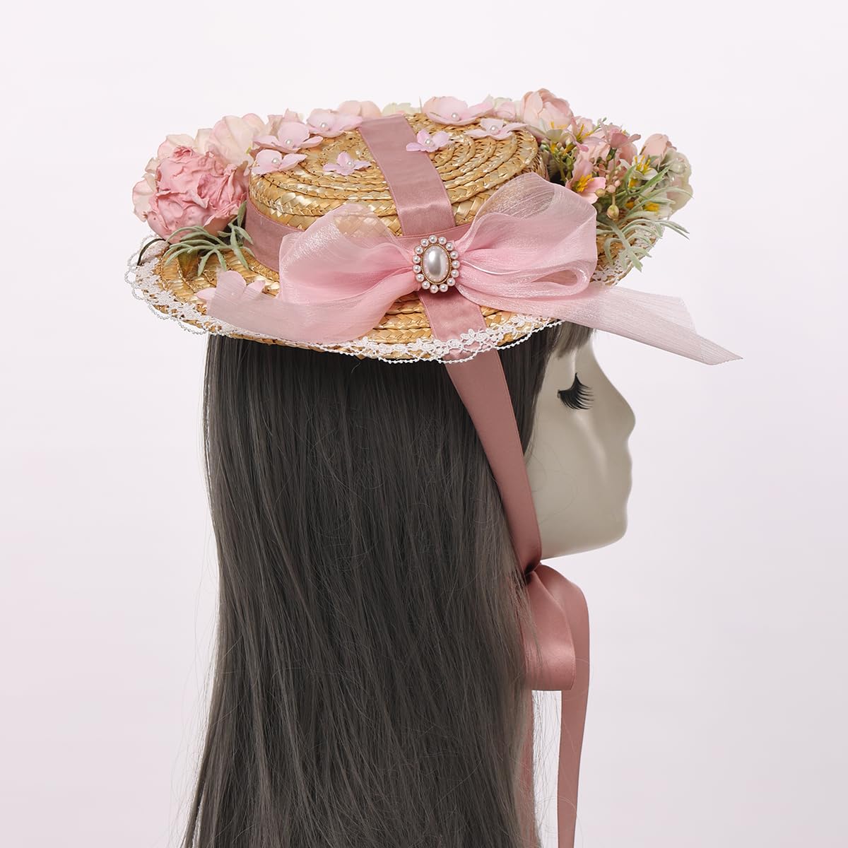 COSDREAMER Sonnenhut für Mädchen und Damen, Lolita-Spitzenbänder, Strohhüte