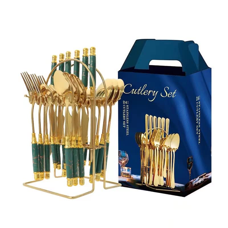 5PCS/20PCS/24 PCS Stainless Steel Knife Fork Spoon Cutlery Flatware Tableware Dinnerware Set with Ceramic Handle Storage Holder Rack (Green 24 PCS with Rack)