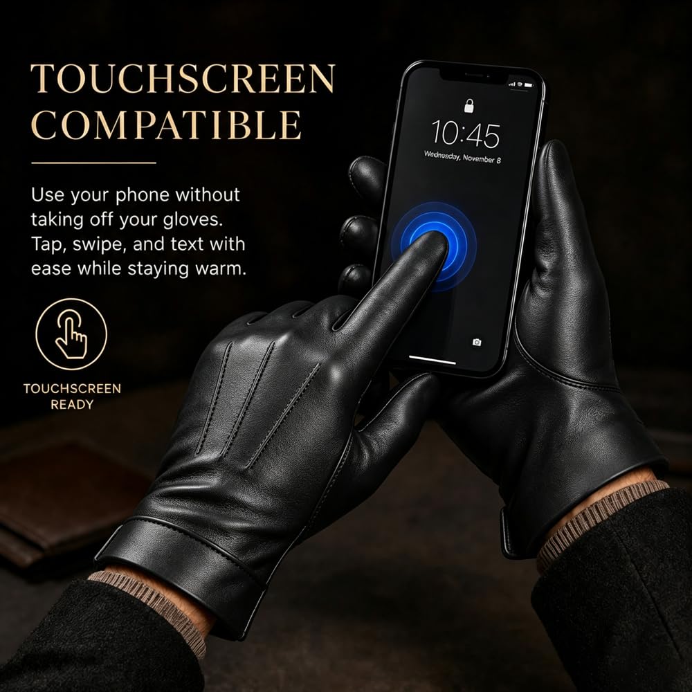 Harssidanzar Gants en cuir à écran tactile pour hommes doublure en cachemire gants en cuir de mouton SM052EU