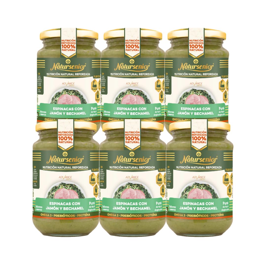 Natursenior - Comida Triturada para Personas Mayores - Pack Puré de Espinacas con Jamón y Bechamel - 100% Natural, Omega 3, Fibra, Proteína - 6 uds x 340g