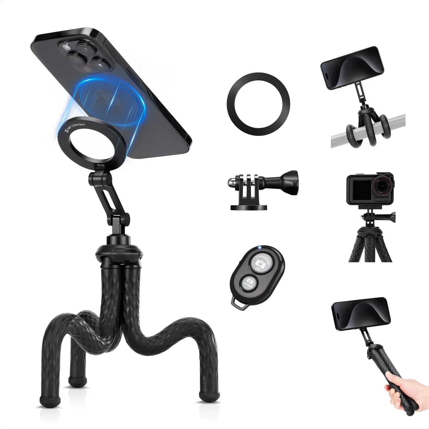 K&F CONCEPT Trépied pour Téléphone Magnétique, Mini Trépied Flexible Smartphone Portable, Gorillapod avec Télécommande Bluetooth, Trépied Smartphone pour iPhone Android, Trépied Octopus