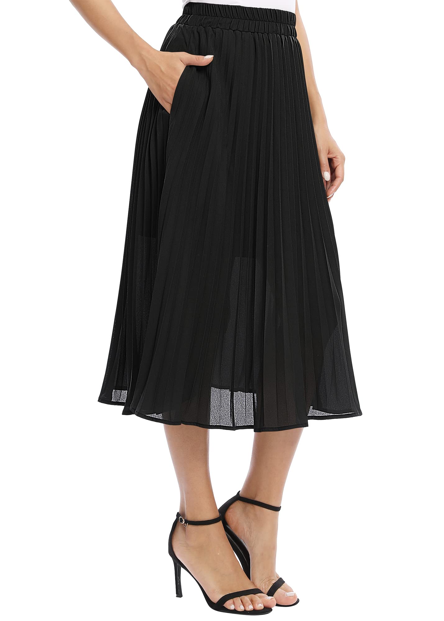 EXCHIC Donna Casuale Chiffon Elastico Vita Linea A Pieghettato Midi Gonna con Tasca