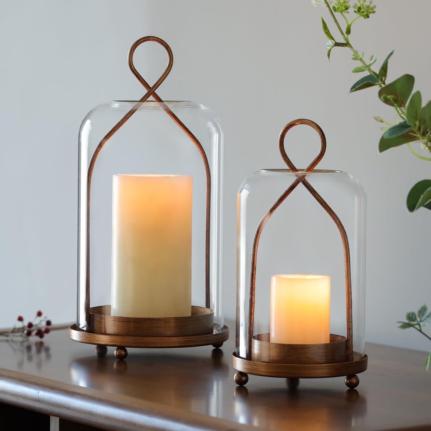 Hurricane Glass Candle Holders, Modern Farmhouse Coffee Table Decorations, Candle Holders for Pillar Candles Set of 2, Decorative Candle Lanterns, Antique Large Candle Holder for Gifts