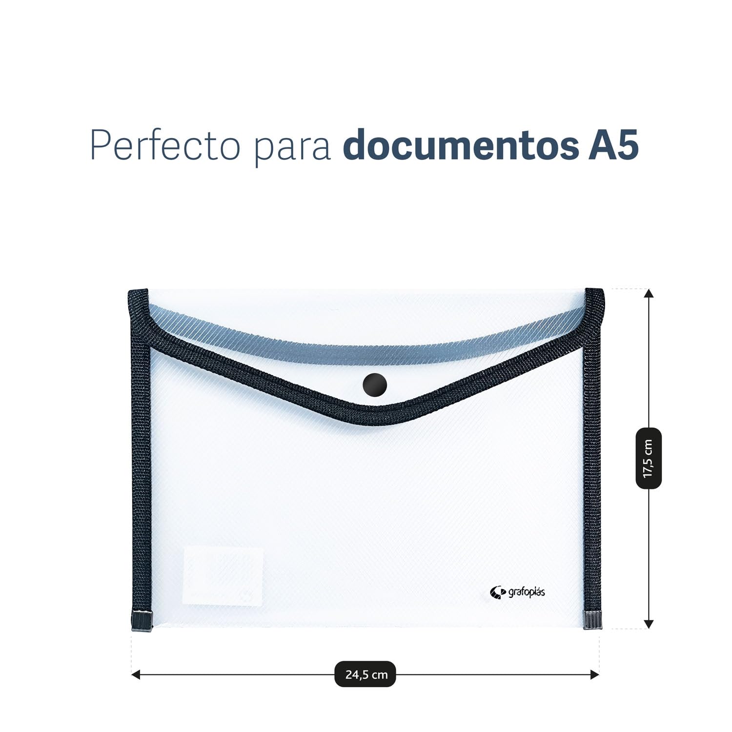Grafoplas - 4 Sobres Portafolios Plastico Tamaño Cuarto con Cierre Botón, Ribete Tela, 24,5x17,5cm, Incoloro Traslúcido Borde Negro, Para Documentos Pequeños A5, Perfecto como Portafolios en Oficina