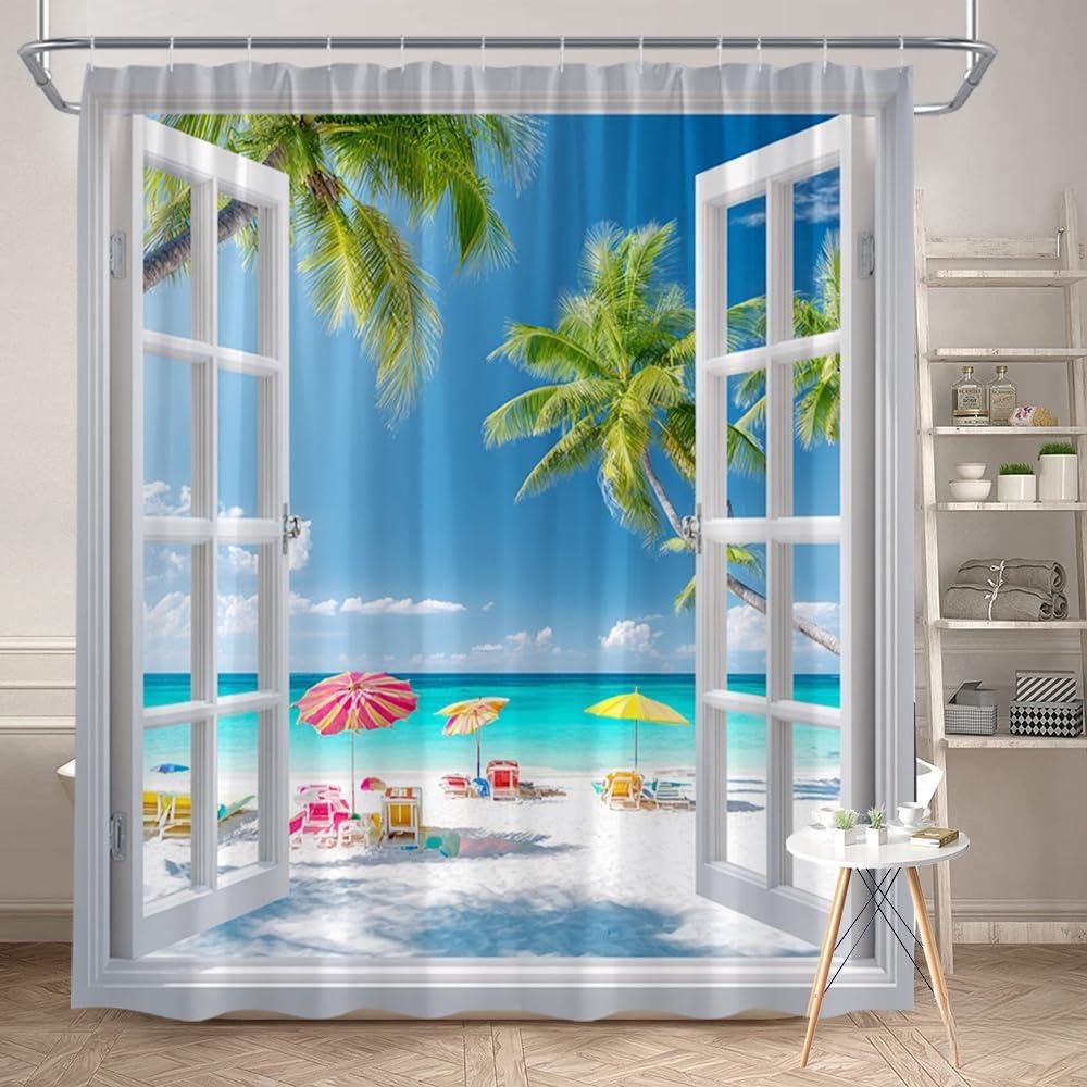 Glwdmb N-16 1 Piece 180X180cm Tropical Beach Palm Tree And Umbrella Printed Shower Curtain With Hook, Polyester, For Windows And Walls, Bathtub, Bathroom, Machine Washable, All Season Universal