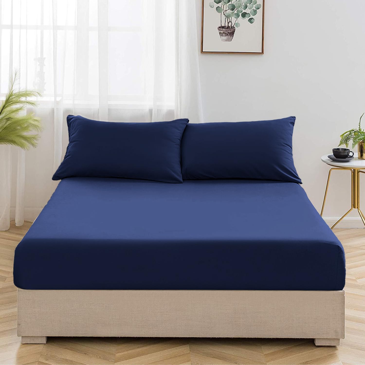 Oxford Homeware Navy Super King Fitted Sheets -100% Brushed Microfibre 1800 Easy Care 25 cm Deep Bed Sheet Cover