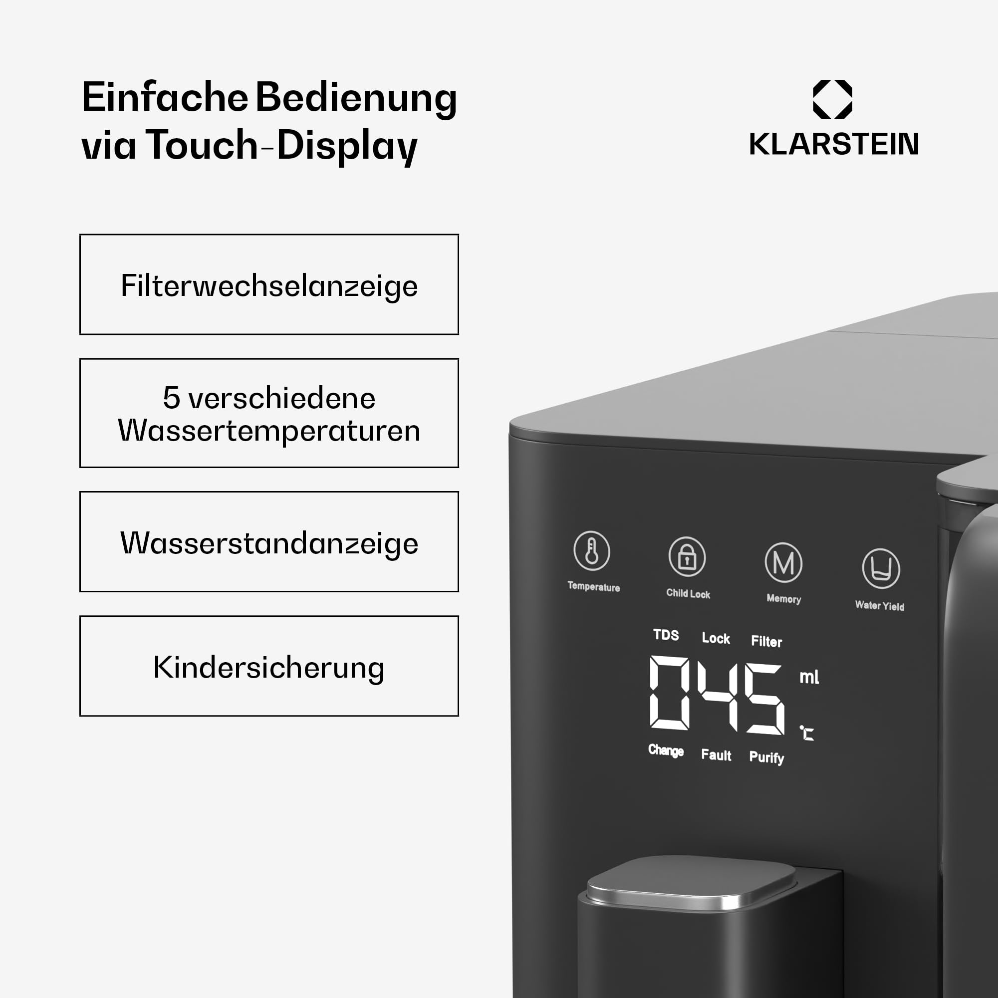 Klarstein VitalPour Osmoseanlage - 5-Stufen Umkehrosmosefiltration, Heißwasser in 3 Sek., 5L Tank & 1,5L Krug, 5 Temperaturstufen, Touch-Display, Kindersicherung, Einfacher Einbau