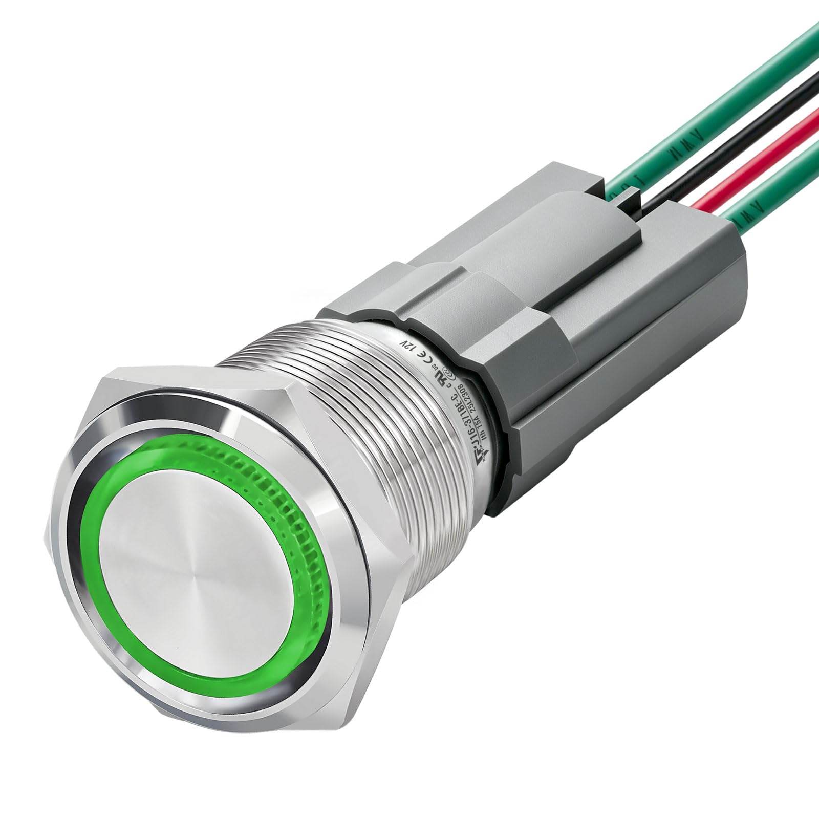 UL Listed 15 Amp 16mm Latching Push Button Switch, IP67 Waterproof, 304-Stainless Steel, 12V-24V SPST 1NO, On Off Switch with Wire Socket Green LED