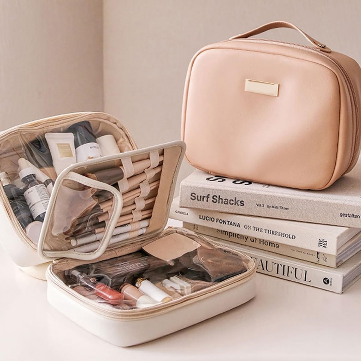 Neceser Maquillaje Bolsa de cosméticos Cuadrada Multicapa, Bolsa Maquillaje Viaje PU Impermeable(Pink)