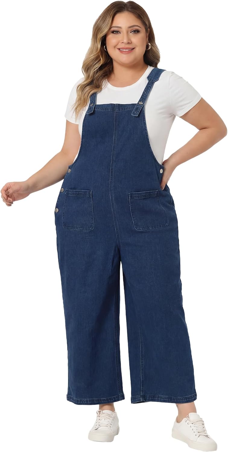 Agnes Orinda Plus Size Denim Bib Overalls for Women Classic Adjustable Straps Pockets Jumpsuit Jeans Pants