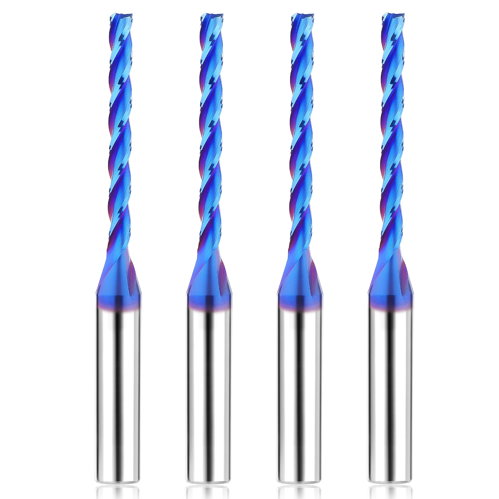 1/8 inch Extra Long CNC Router Bits 1/4 inch Shank 1/8'' Cutting Dia Spiral Upcut CNC Bits, 4PCS 3-Flutes Carbide End Mills with Coating Spiral Router