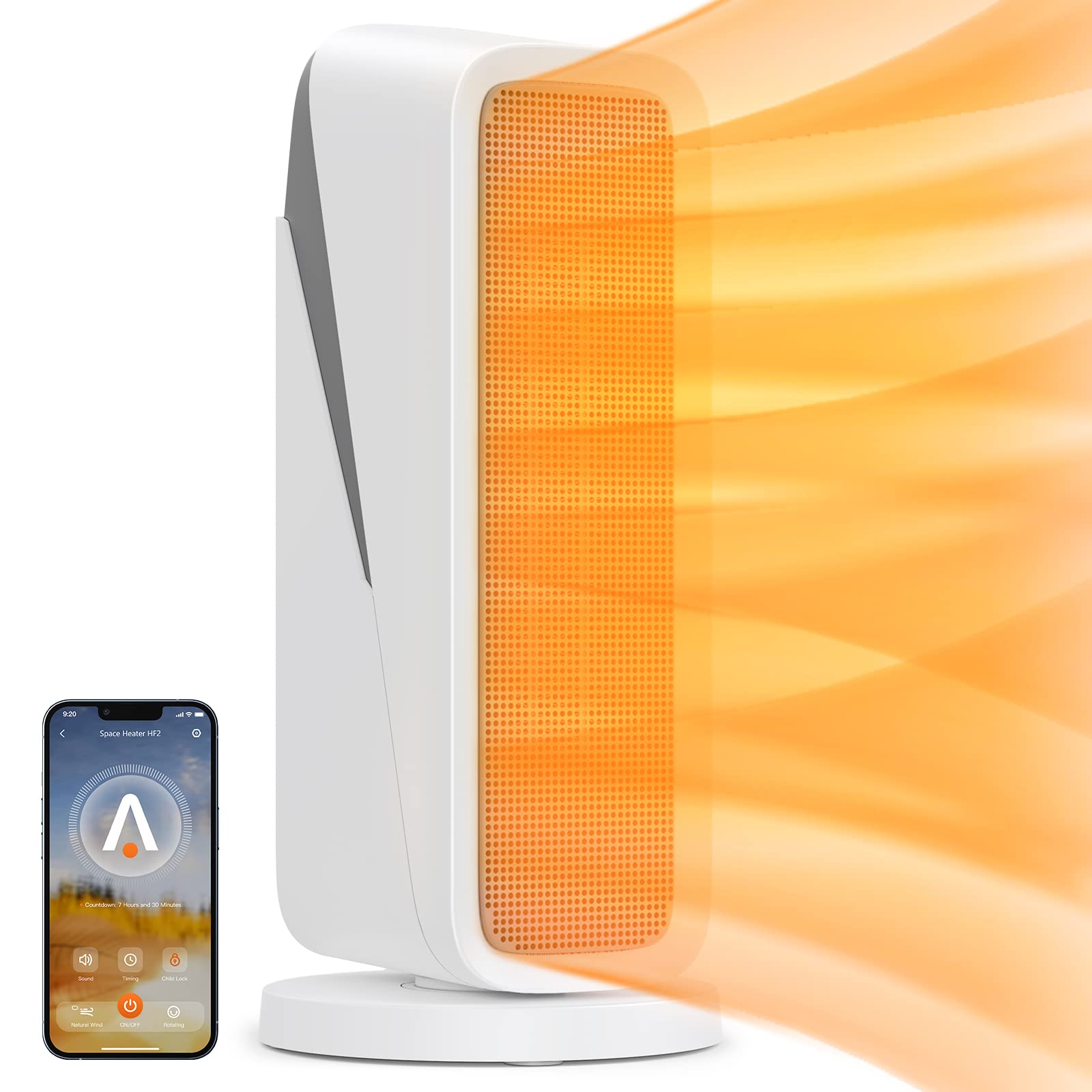 Space Heater, 16" Electric Heater Portable with APP Control, 3 Modes, Overheating & Tip-Over Protection, 80° Oscillating Ceramic Heater for Bedroom, Office, Indoor Use, 8 Hrs Timer