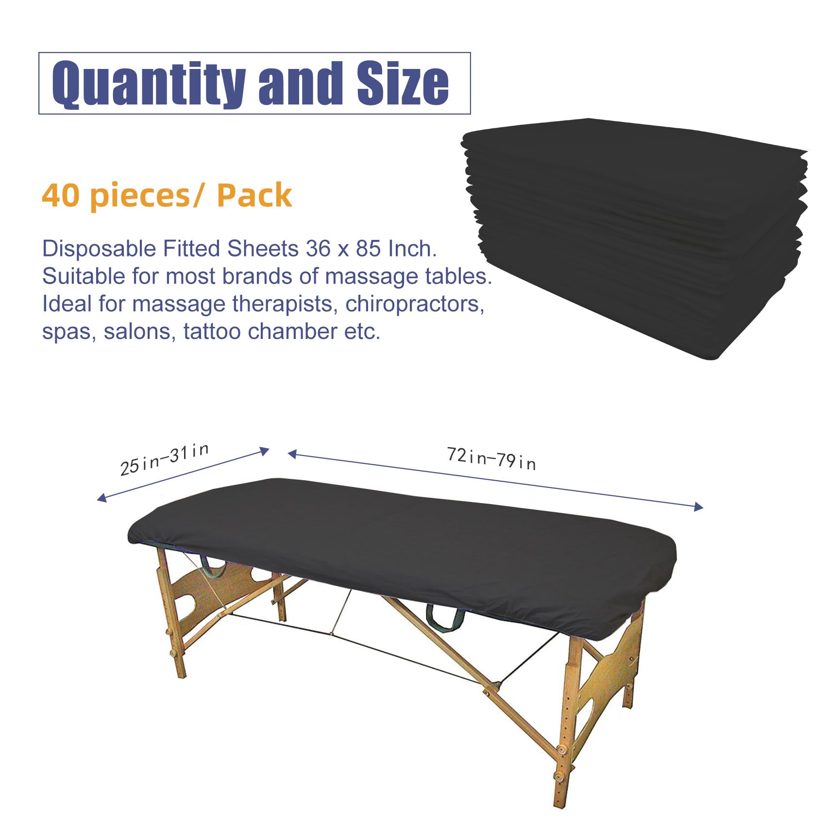40 lenzuola usa e getta con angoli per lettino da massaggio, resistenti, elastiche, usa e getta, traspiranti, per spa, in tessuto non tessuto nero, 91 x 213 cm