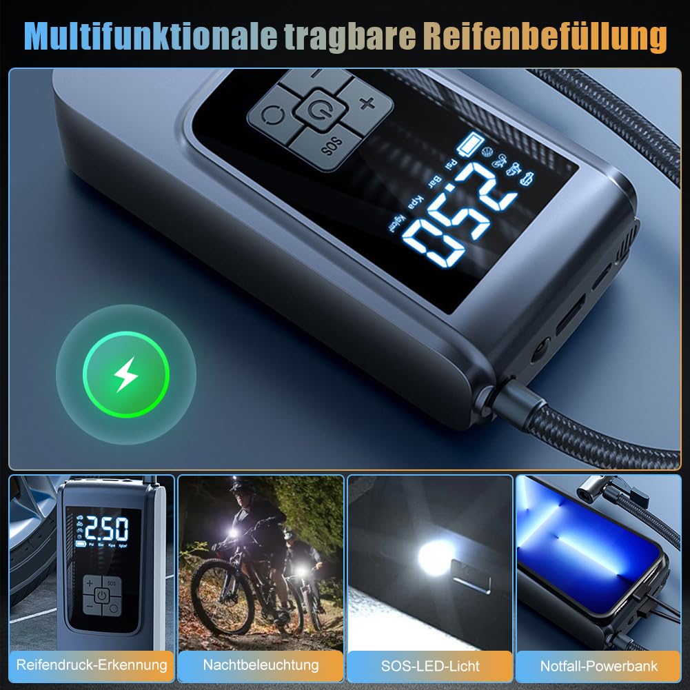 Pompa Ad Aria Elettrica Portatile 150 PSI – Batteria 5000 MAh, Power Bank, Torcia LED E 5 Modalità Per Auto, Bici E Palloni