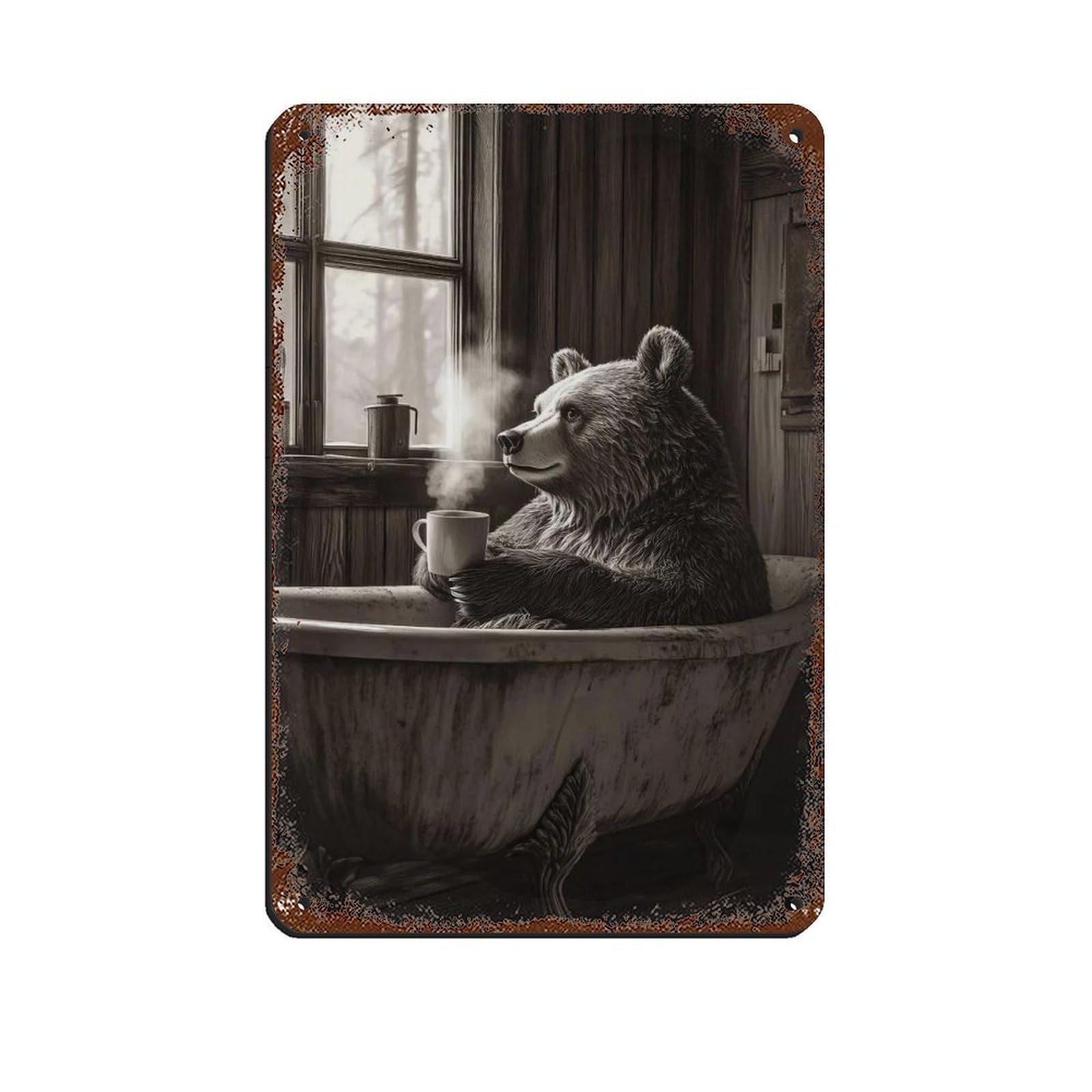 Whimsical Bear Sipping Coffee Retro Poster Metal Tin Sign Chic Art Retro Iron Painting Bar People Cave Cafe Family Garage Poster Wall Decoration 8x12inch(20x30cm)