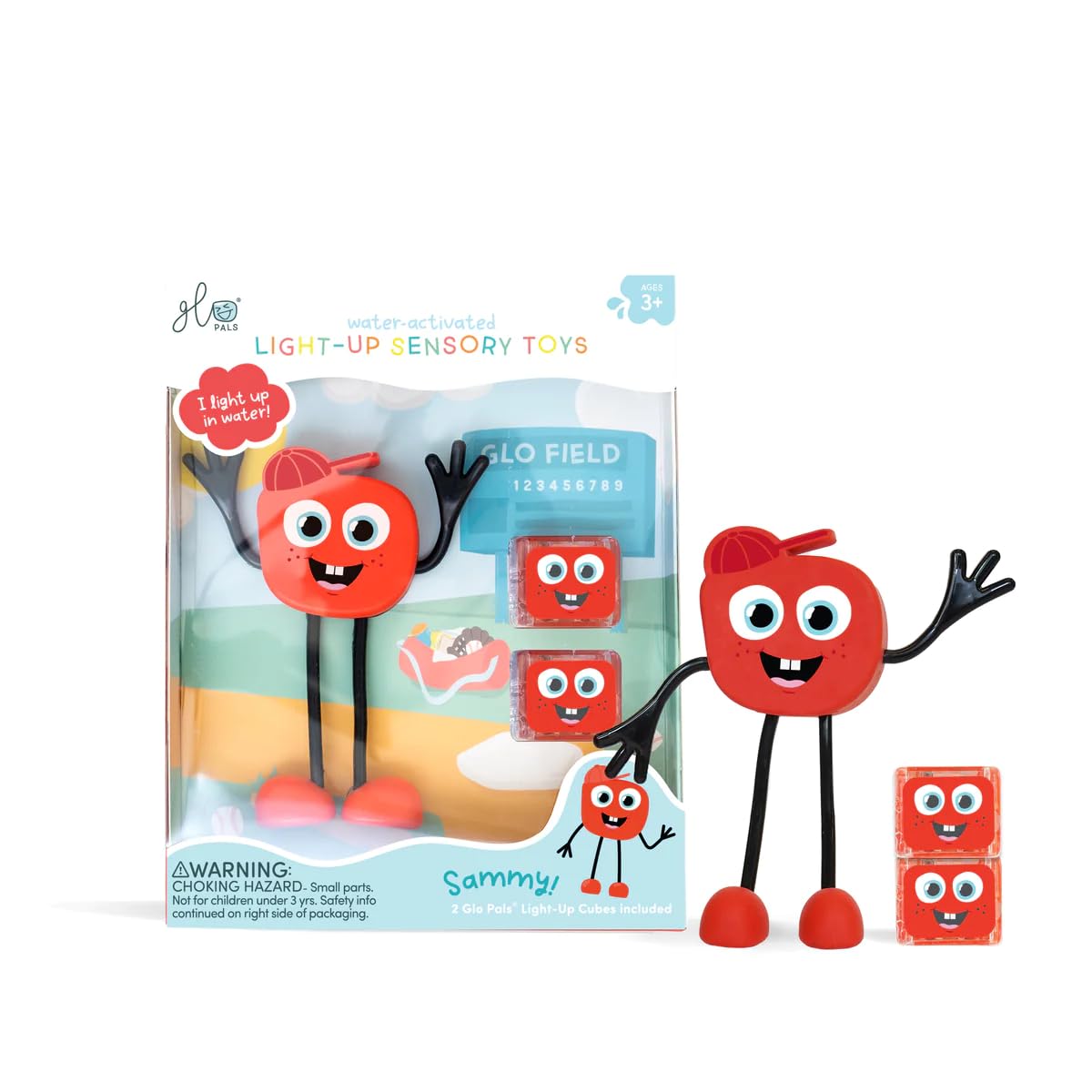 Glo Pals Original Jouet de Bain Sammy Rouge Activé par L'Eau avec 2 Cubes Lumineux Réutilisables pour Jeu Sensoriel