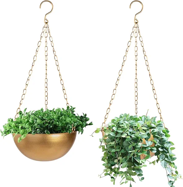 Sinolodo Large 10 inch Hanging Planter with Drainage, Semi-Circle Hanging Plant Holder for Indoor Plants, Lightweight Double Ceiling Hanign Basin for Bedroom, Balcony, Windows (Gold, 10'' Diameter)