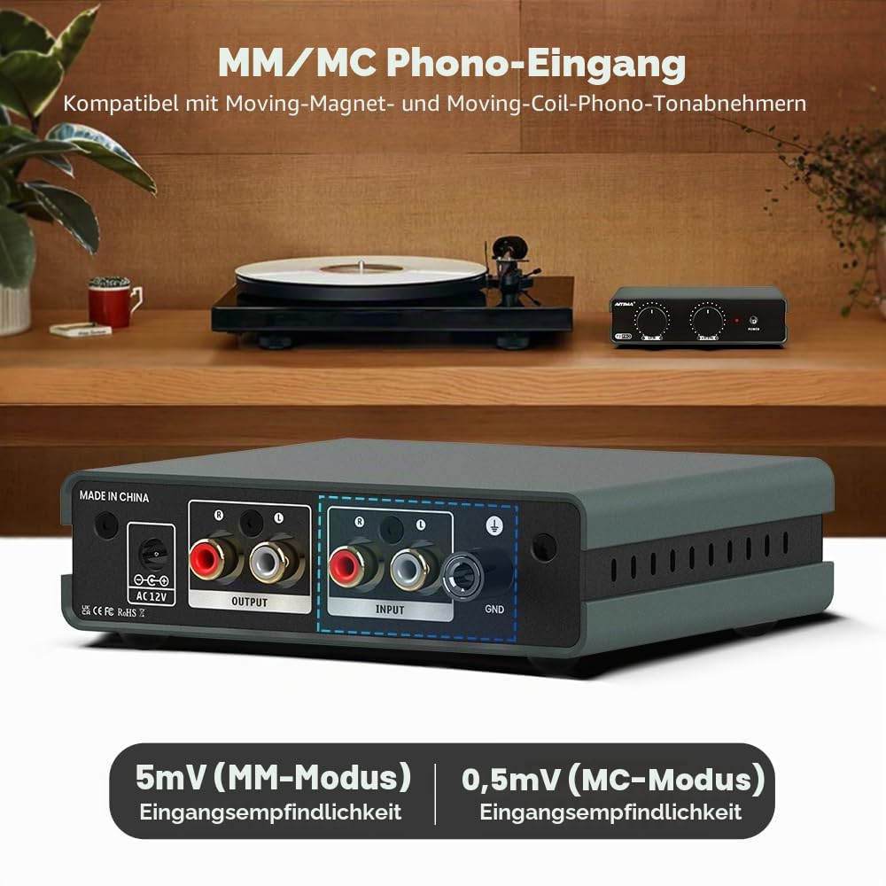 AIYIMA T3PRO MM/MC RIAA Phono-Vorverstärker für Plattenspieler/Schallplattenspieler/Heimverstärker, professioneller Phonographen-Vorverstärker mit Verstärkungs- und Lautstärkeregelung und AC-Netzteil