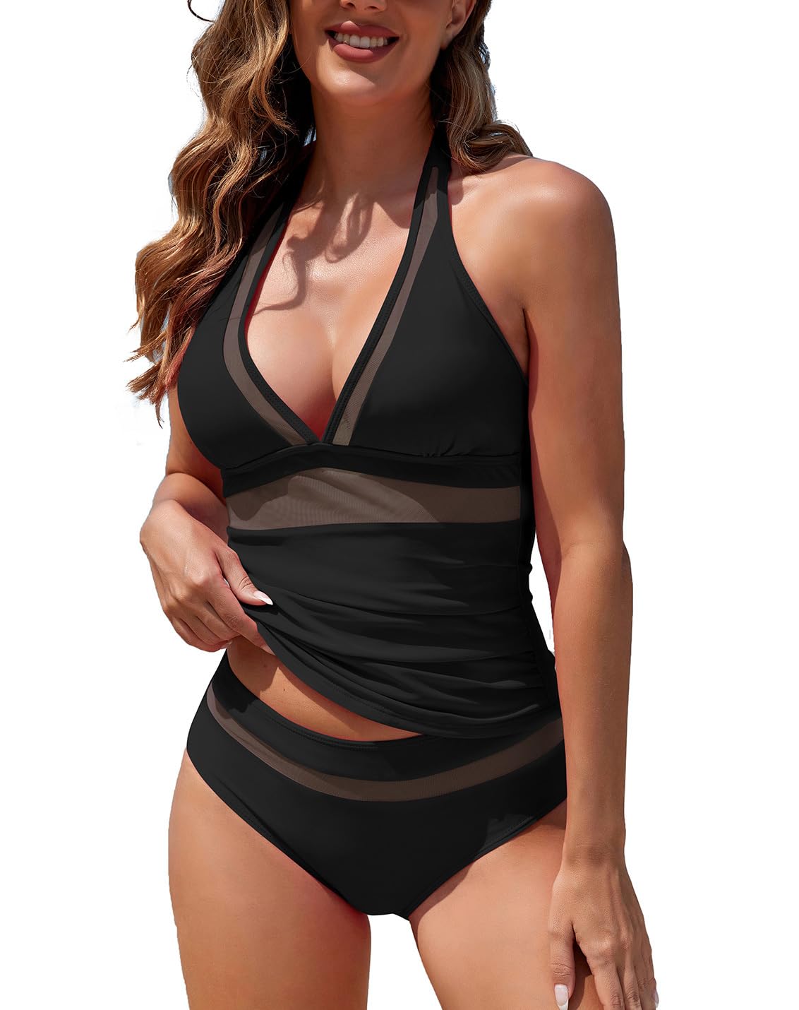 Women's V Neck Tankini Swimsuit Tummy Control Mesh Backless 2 Piece Swimsuit, Black, S-image-15