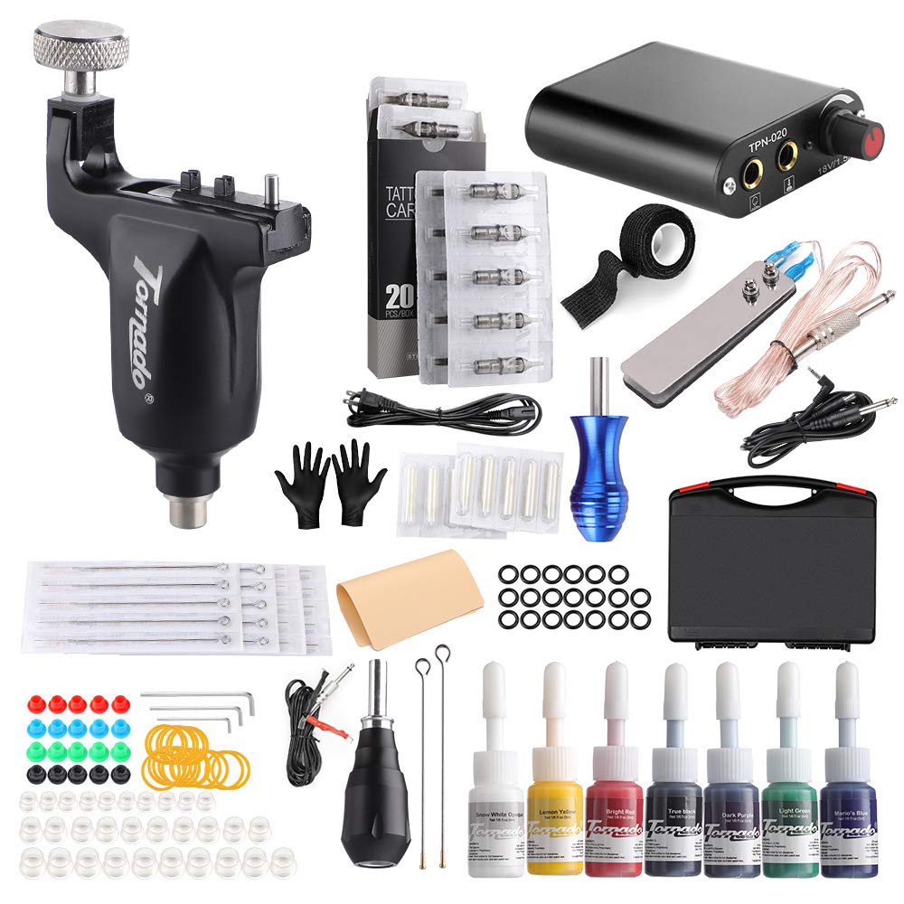 Tornado Rotary Tattoo Machine Kit with 7pcs Needles, Black Ink