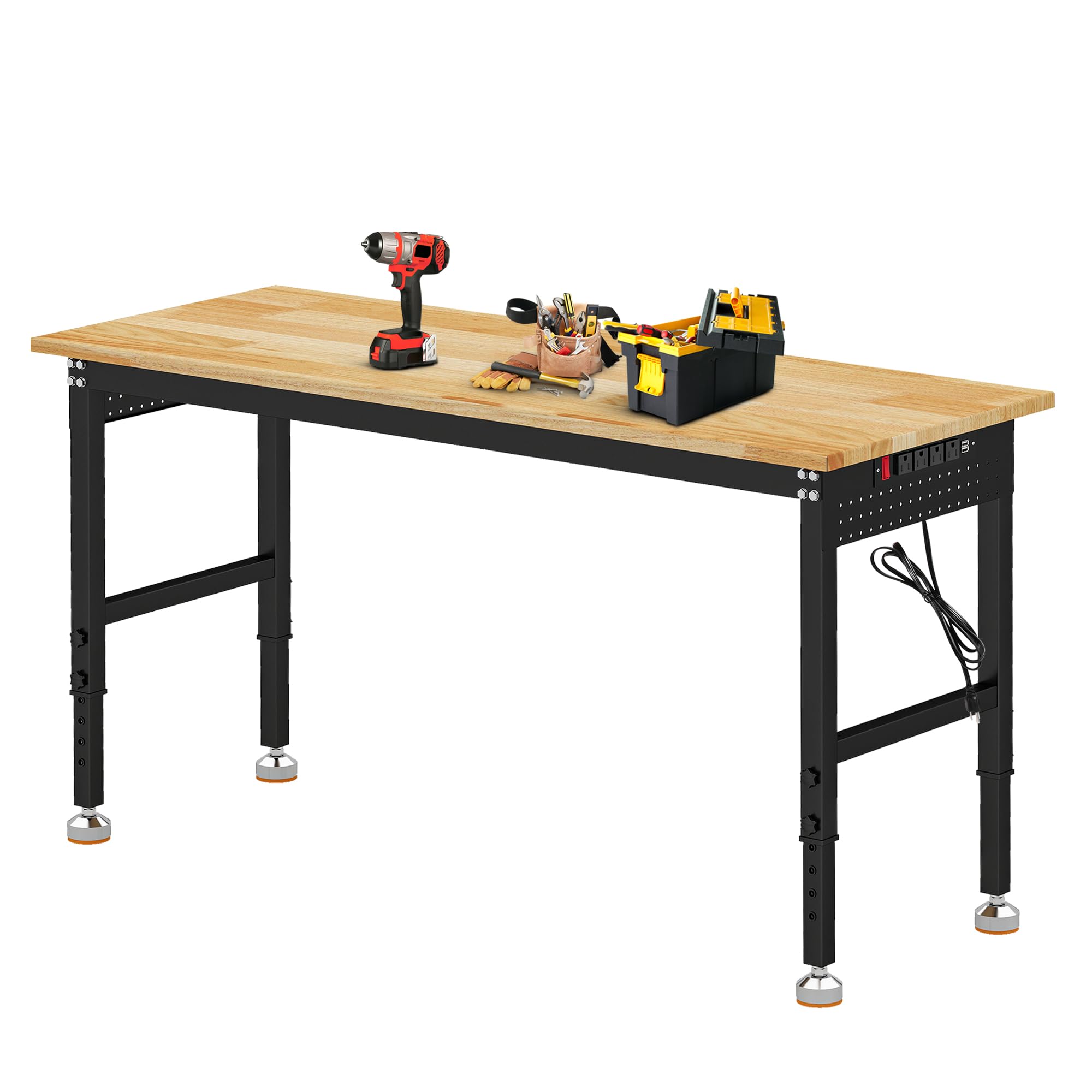 Betterhood Adjustable Height Workbench, 60" Rubber Wood Top Heavy Duty Workstation with Power Outlets, 2000 LBS Load Capacity Hardwood Worktable for Workshop, Garage, Office, Home, Commercial