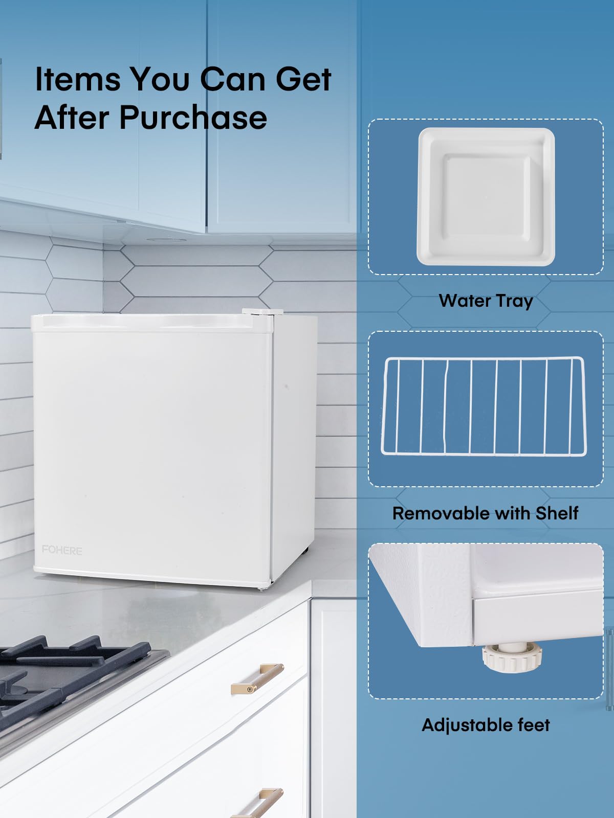 FOHERE Mini Frigo, 46 Litri, Frigorifero Hotel, Ufficio, Casa, Classe Energetica E, Silenzioso, Libera Installazione, Compatto, Termostato Regolabile, Porta Reversibile, Bianco