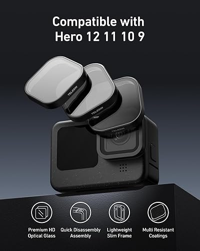 Miniatura 2 de TELESIN Paquete de 3 filtros de densidad neutra ND8 ND16 ND32 compatibles con GoPro Hero 11 Hero 10 Hero 9 negro, kit de filtro de lente protector
