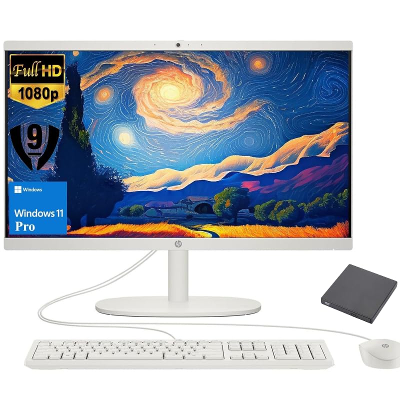 Image of HP 21.45 inch FHD All-in-One PC, Intel N200 Processor, 16GB DDR5 RAM, 1TB PCIe SSD, HDMI, WiFi 6, Windows 11 Pro, Wired Keyboard & Mouse + External 9H 6-in-1 DVD Drive, White