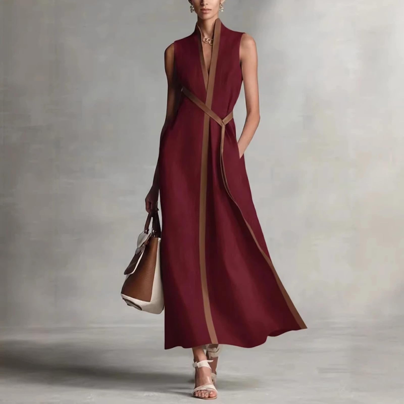 Primavera y Verano V Cintura sin Mangas y Suelta Temperamento Vestido de Moda para Ropa Femenina