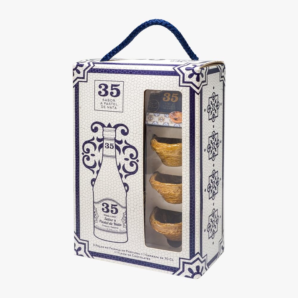 Licor 35 Pastel de Nata Likör aus Portugal in verschidenenen Varianten (0,70L Flasche + 3 Faiança Gläser + Chocolade)