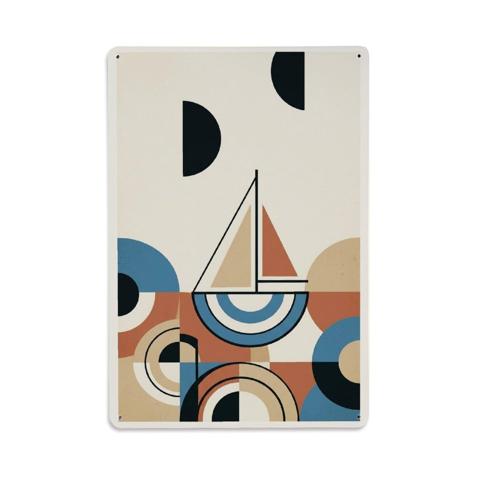 Retro Nautical Blocks Seaside Sailboat Cream Ground Metal Tin Sign Plaque Wall Decor for Cafe, Man Cave, Club Bar, Office, Home Garden Round Metal Poster 8x12Inch