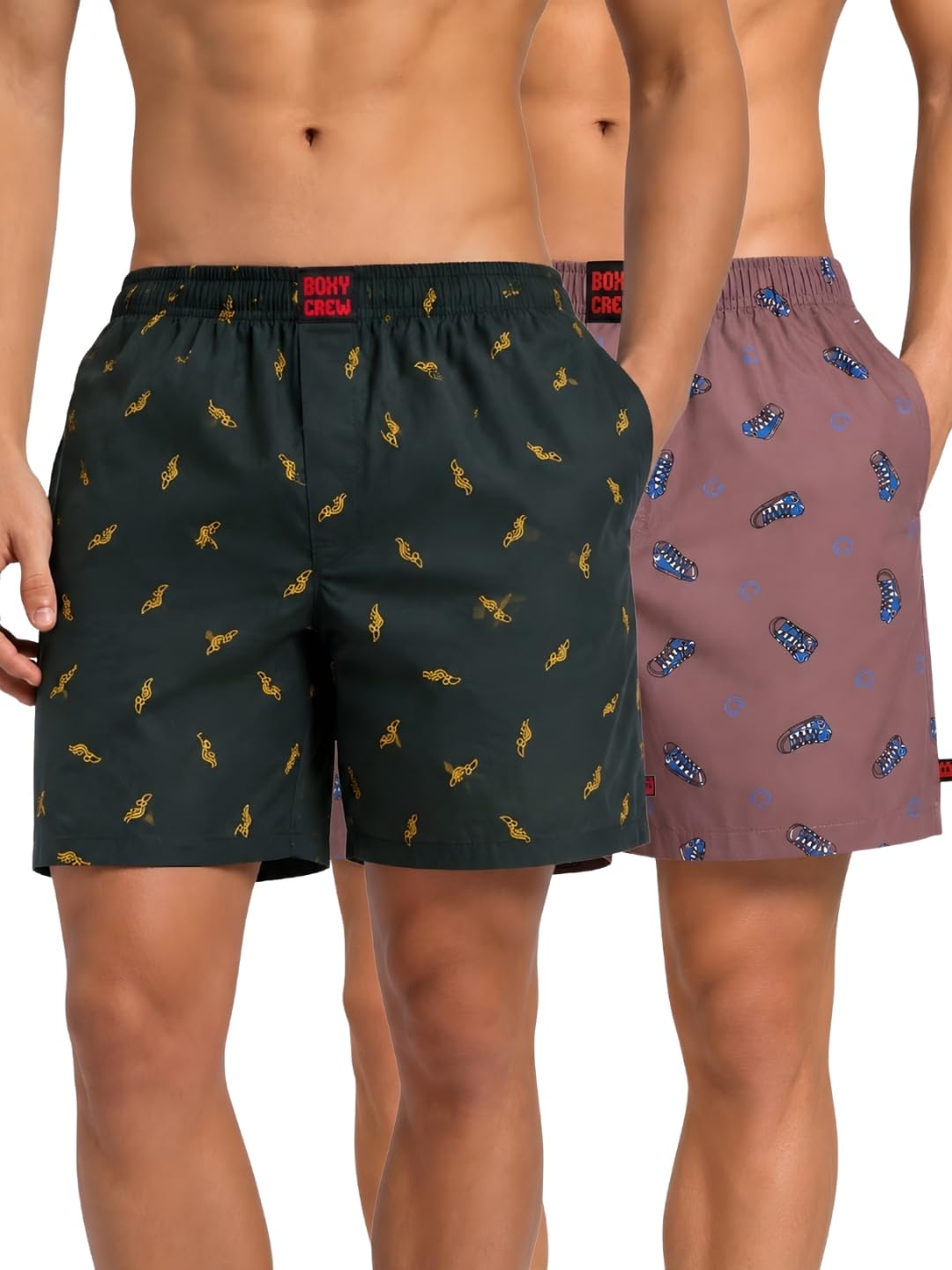 Men Boxer Shorts Pack of 2, 100% Cotton Woven Boxers, Dark Teal & Mauve, Printed Designs, Dual Side Pockets, No-Marks Inner Elastic Waistband, Relaxed Fit Lounge & Sleep Shorts-image-13