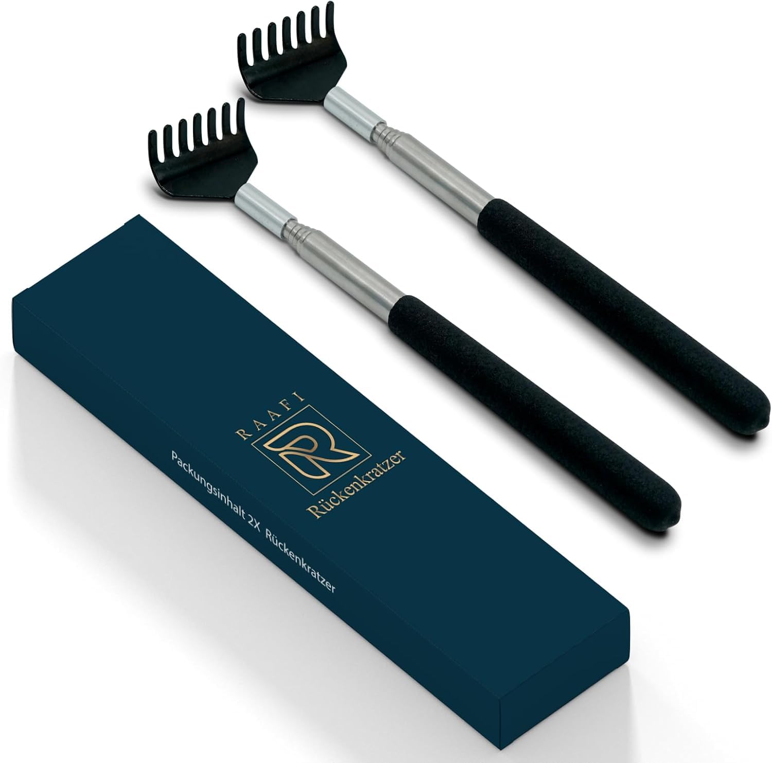 RAAFI 2er-Pack Rückenkratzer gegen Juckreiz. Hochwertiger Edelstahl Kratzhand back scratcher ausziehbar von 20 auf bis zu 68 cm mit gepolstertem und stabilem Griff