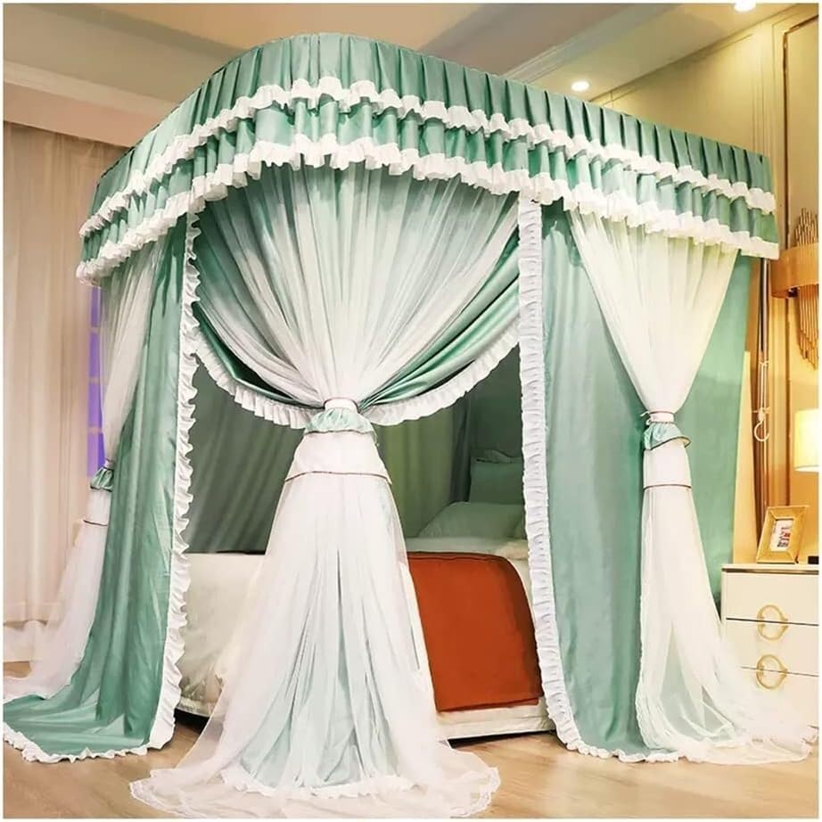 Double Bed Canopy Mosquito Net, Decorative Bed Curtain for Girls' Princess Room Bedroom with Metal Support (Green 150X200X210CM)